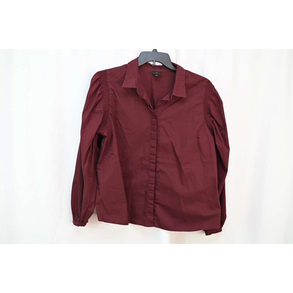 Worthington Burgundy Long Sleeve Button Up Blouse Smocked Puff Sleeve XL